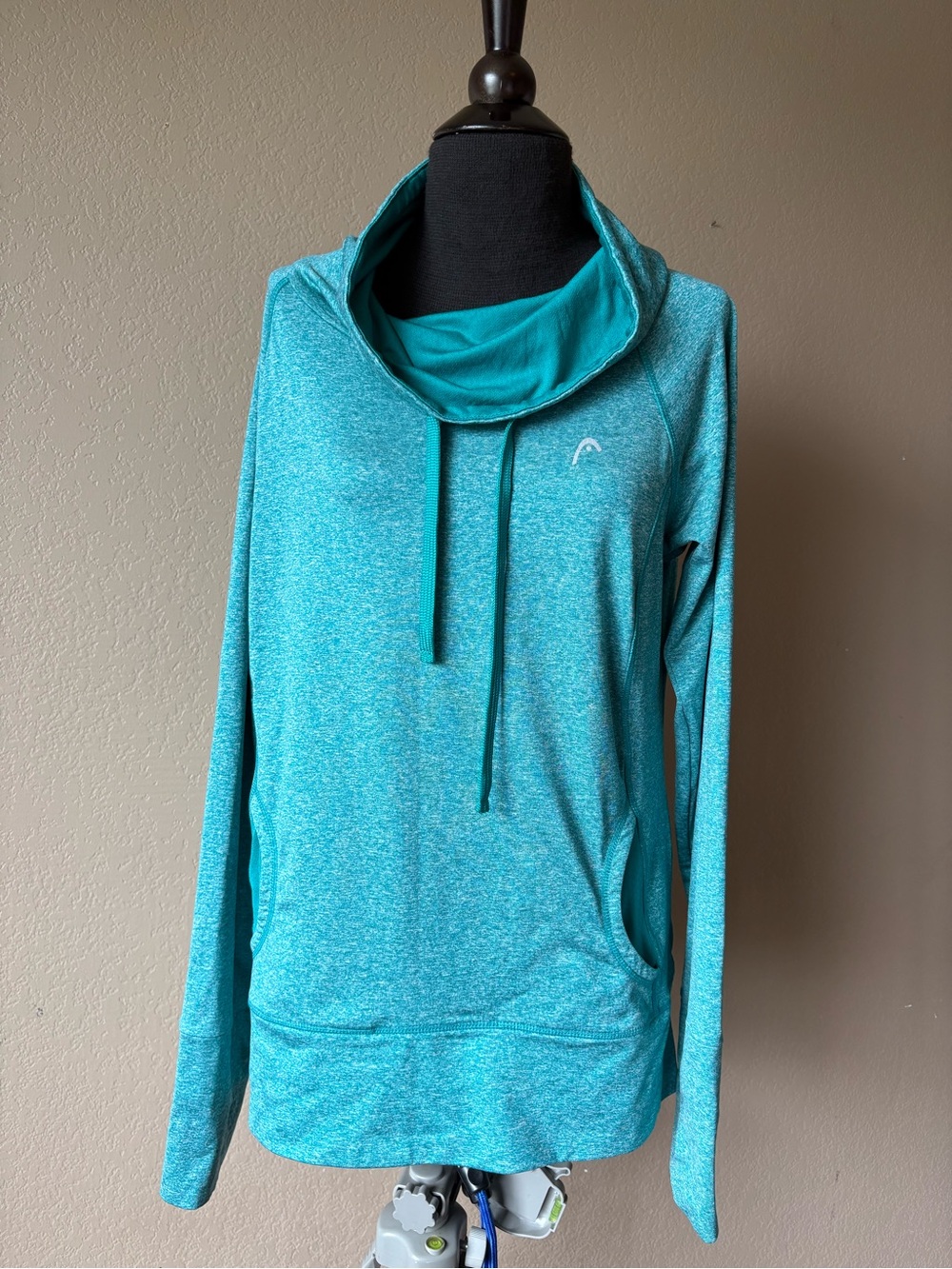 HEAD Women's Large Teal PullOver Turtle Neck Kangaroo Pocket Thumb Holes Athlet